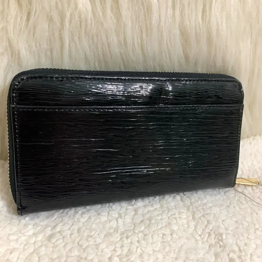 Black Wavy Texture Striated Patent Leather Zip Around Continental Clutch Wallet